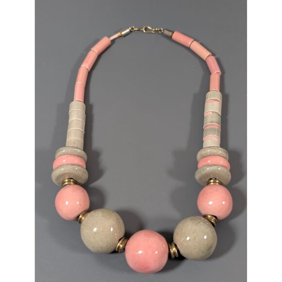 Pink Gray Ceramic Bead Statement Necklace Chunky Tribal Boho 17" - Picture 2 of 10